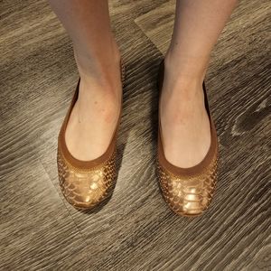 Yosi Samra Samara Tan Gold Snakeskin Texture Foldable Flats